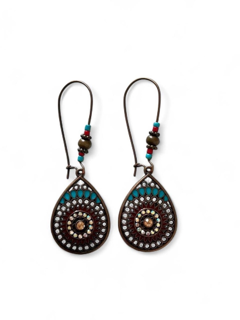Bohemian Teardrop Dangle Earrings in Turquoise and Brown